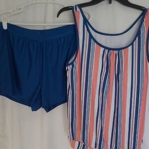 Striped Coral and Blue Women's Swim Set